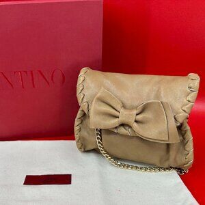Red Valentino Mini Leather Taupe Bow Crossbody Whipstitch Chain Strap Bag